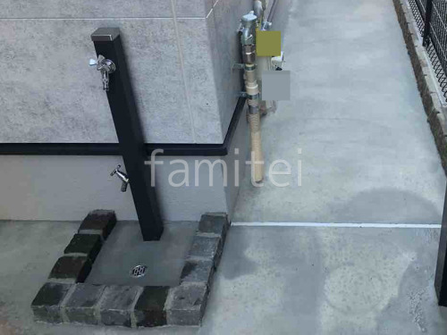 立水栓 ユニソン スプレスタンド60 蛇口2個付き 洗い場 モルタル仕上 ピンコロ石 黒御影 犬走 土間コンクリート 伸縮目地